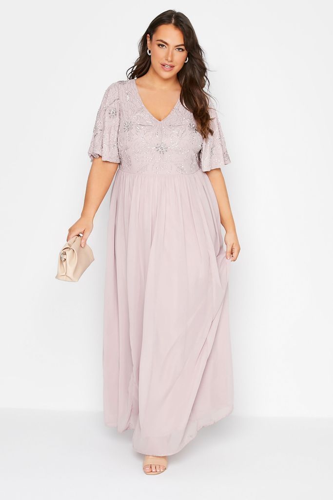 Luxe Curve Pink Floral Hand Embellished Maxi Dress, Women's Curve & Plus Size, Luxe: Ultimate Embellishment
