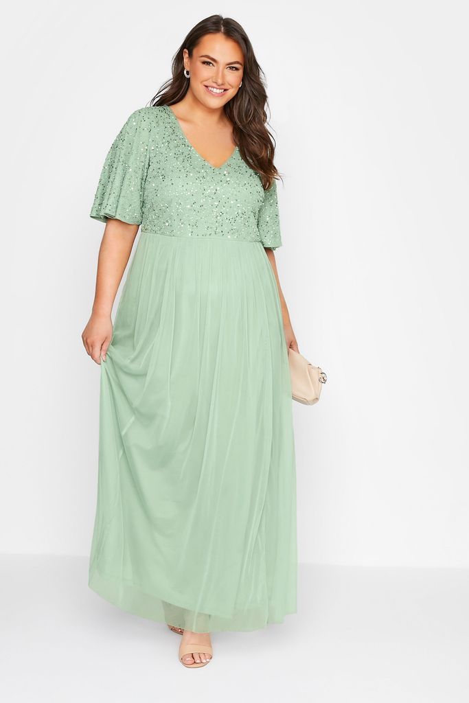 Luxe Curve Sage Green Sequin Hand Embellished Maxi Dress, Women's Curve & Plus Size, Luxe: Ultimate Embellishment