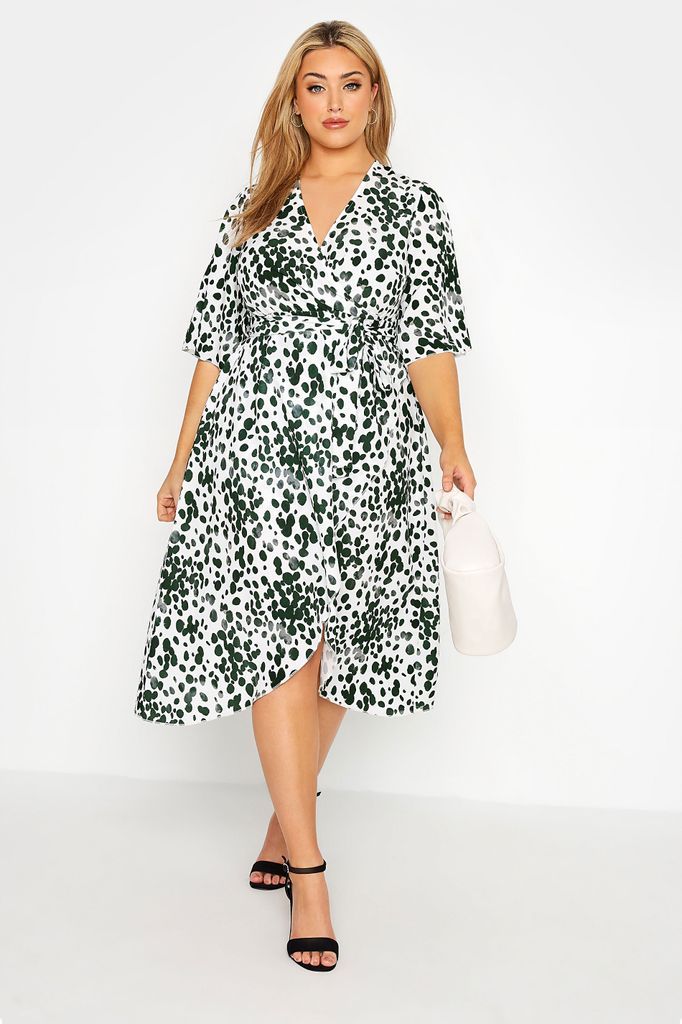 Curve White Dalmatian Print Wrap Dress, Women's Curve & Plus Size, Yours London