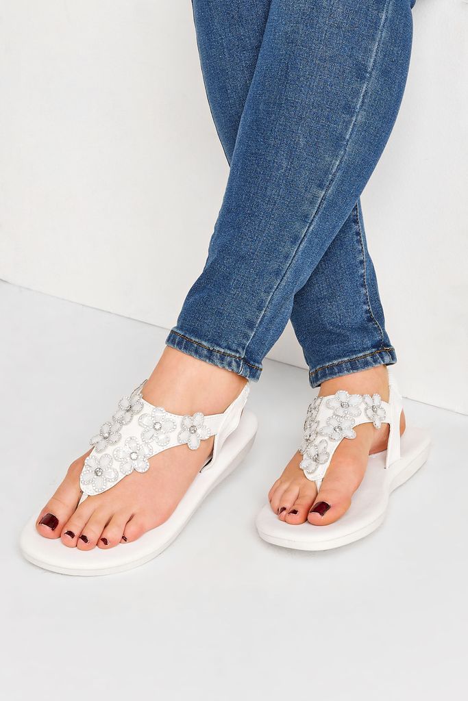 White Diamante Flower Sandals In Wide E Fit & Extra Wide eee Fit