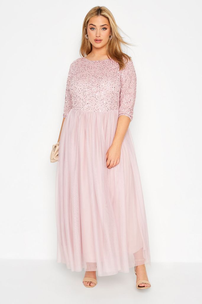 Luxe Curve Pink Sequin Hand Embellished Maxi Dress, Women's Curve & Plus Size, Luxe: Ultimate Embellishment