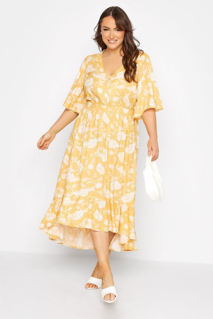 Curve Yellow Floral Print High Low Midi Dress, Women's Curve & Plus Size, Yours