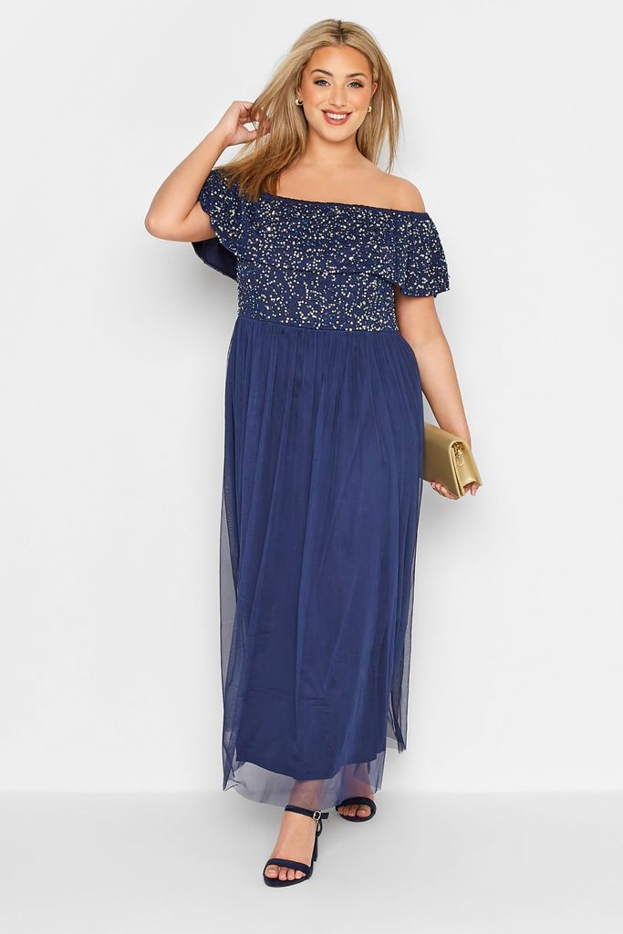 Luxe Curve Blue Bardot Hand Embellished Maxi Dress, Women's Curve & Plus Size, Luxe: Ultimate Embellishment