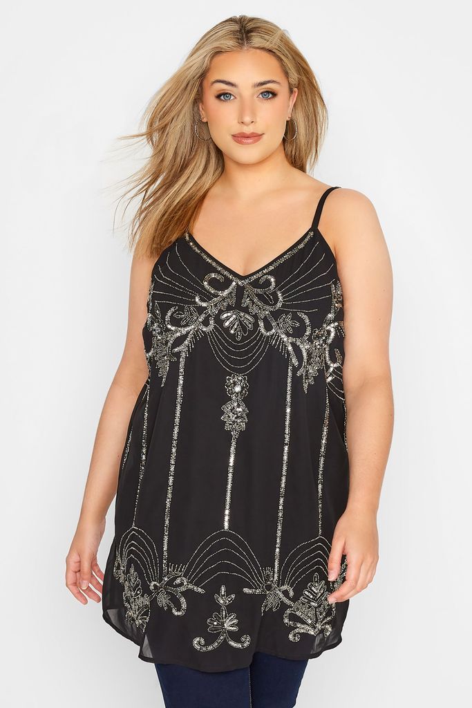 Luxe Curve Black Paisley Sequin Hand Embellished Cami Top, Women's Curve & Plus Size, Luxe: Ultimate Embellishment