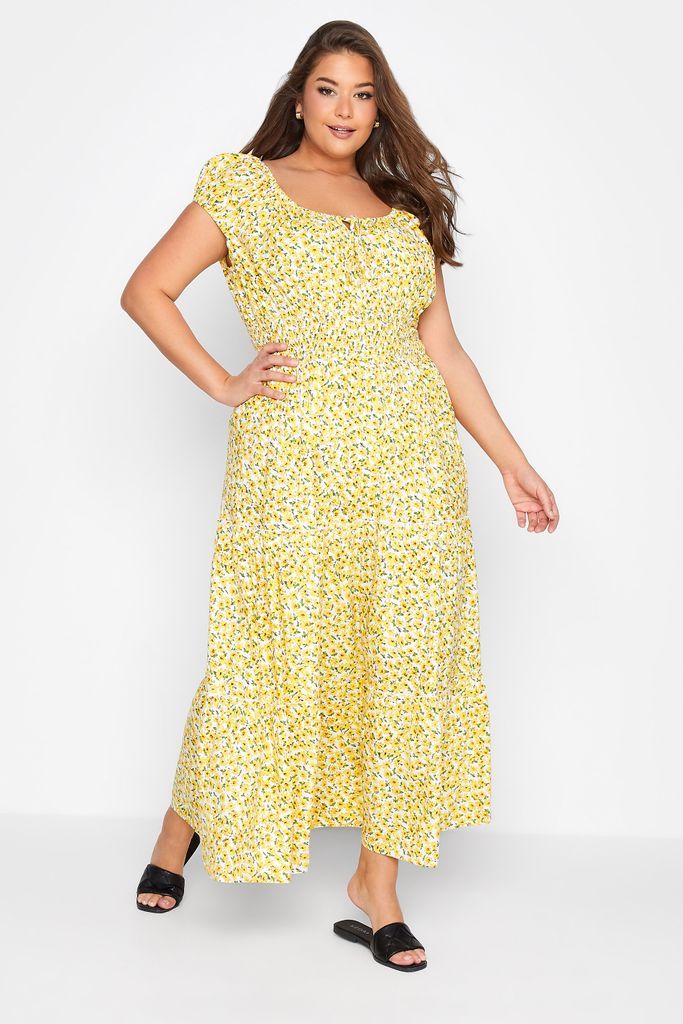 Curve Yellow Floral Print Bardot Maxi Dress, Women's Curve & Plus Size, Yours