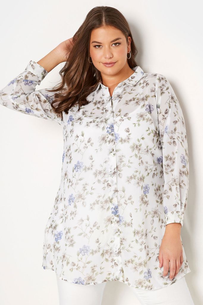 Curve White & Blue Floral Print Button Through Shirt, Women's Curve & Plus Size, Yours