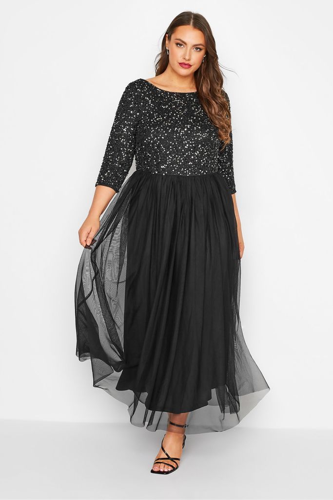 Luxe Curve Black Sequin Hand Embellished Maxi Dress, Women's Curve & Plus Size, Luxe: Ultimate Embellishment