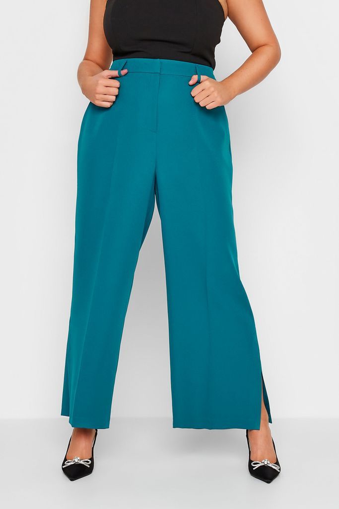 Curve Teal Blue Split Hem Flared Trousers, Women's Curve & Plus Size, Yours