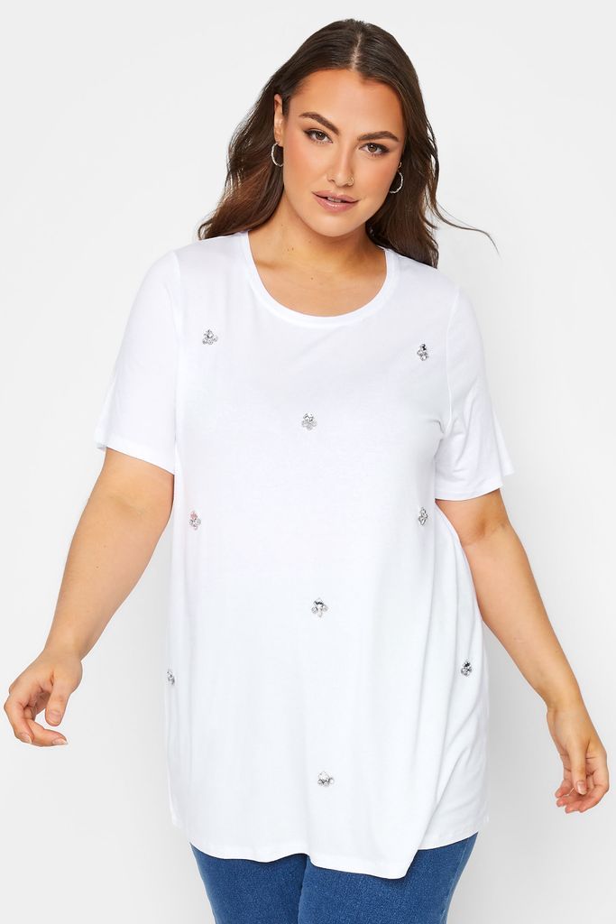 Curve White Diamante Embellished Tshirt, Women's Curve & Plus Size, Yours