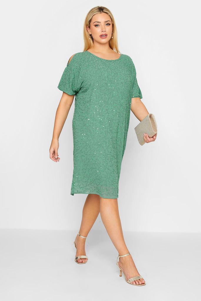 Luxe Curve Green Sequin Hand Embellished Cape Dress, Women's Curve & Plus Size, Luxe: Ultimate Embellishment