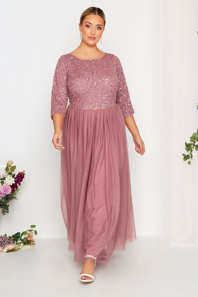 Luxe Curve Dark Pink Sequin Hand Embellished Maxi Dress, Women's Curve & Plus Size, Luxe: Ultimate Embellishment