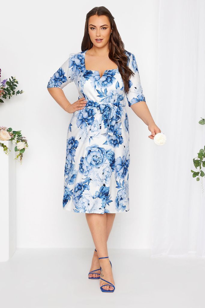 Curve White & Blue Notch Neck Floral Dress, Women's Curve & Plus Size, Yours London