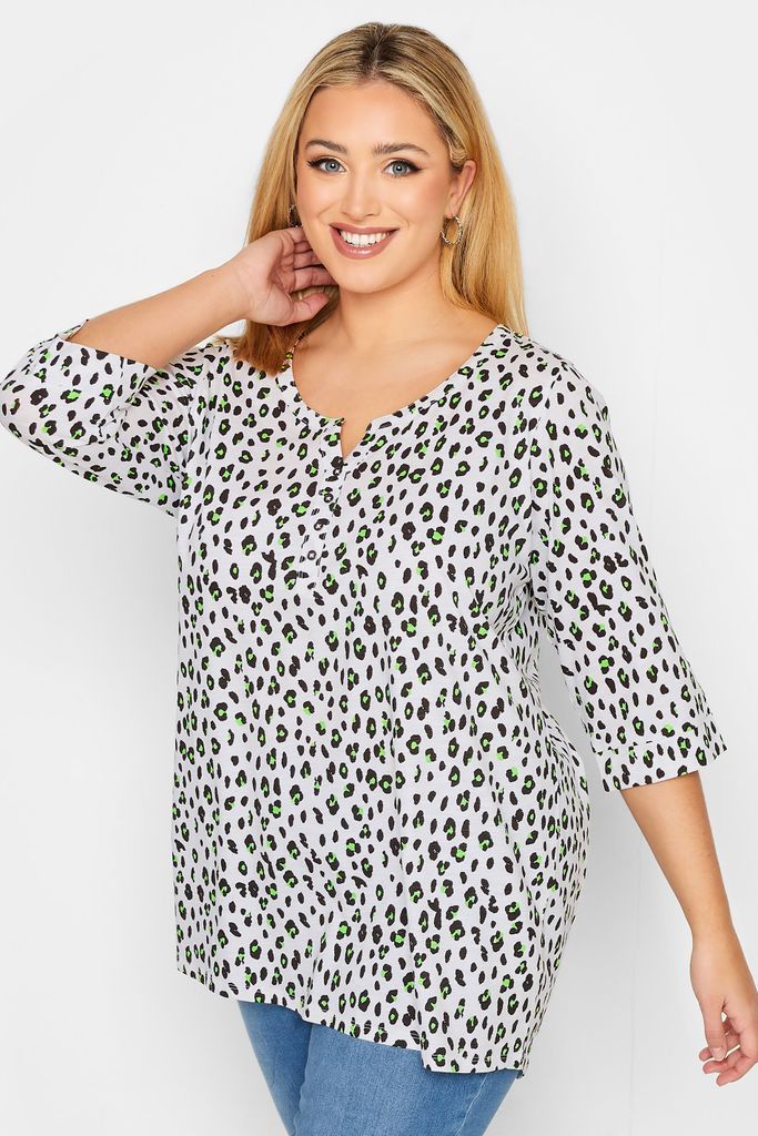 Curve White Leopard Print Henley Tshirt, Women's Curve & Plus Size, Yours
