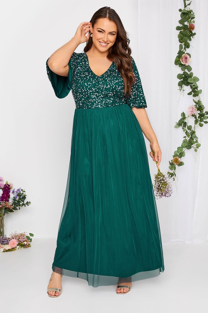 Luxe Curve Forest Green Sequin Hand Embellished Maxi Dress, Women's Curve & Plus Size, Luxe: Ultimate Embellishment