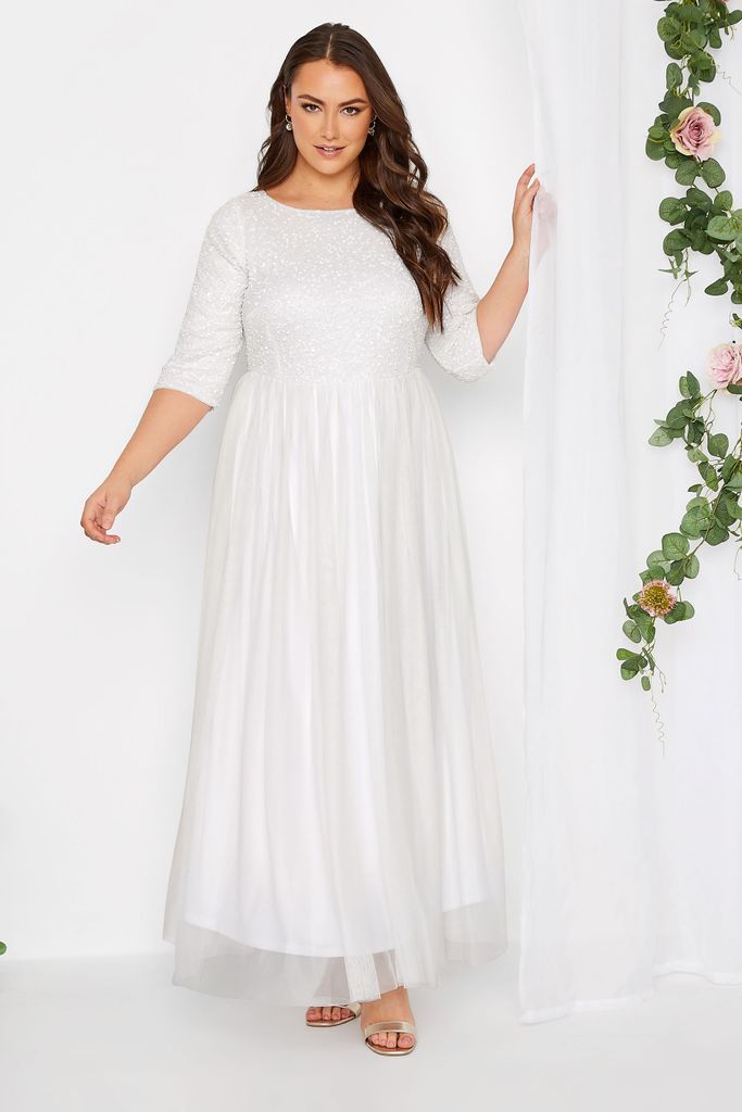 Luxe Curve White Sequin Hand Embellished Bridal Maxi Dress, Women's Curve & Plus Size, Luxe: Ultimate Embellishment