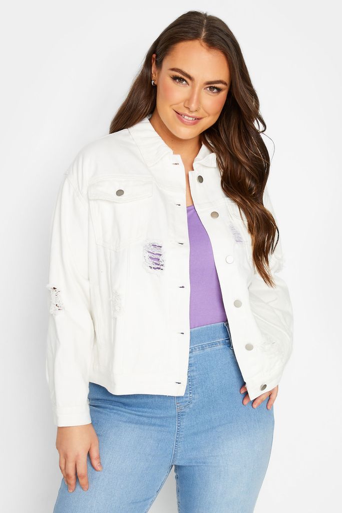 Curve White Distressed Western Denim Jacket, Women's Curve & Plus Size, Yours