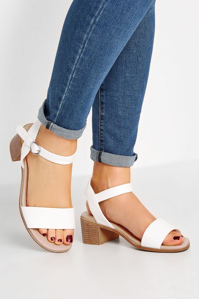White Block Strappy Low Heel Sandals In Extra Wide eee Fit