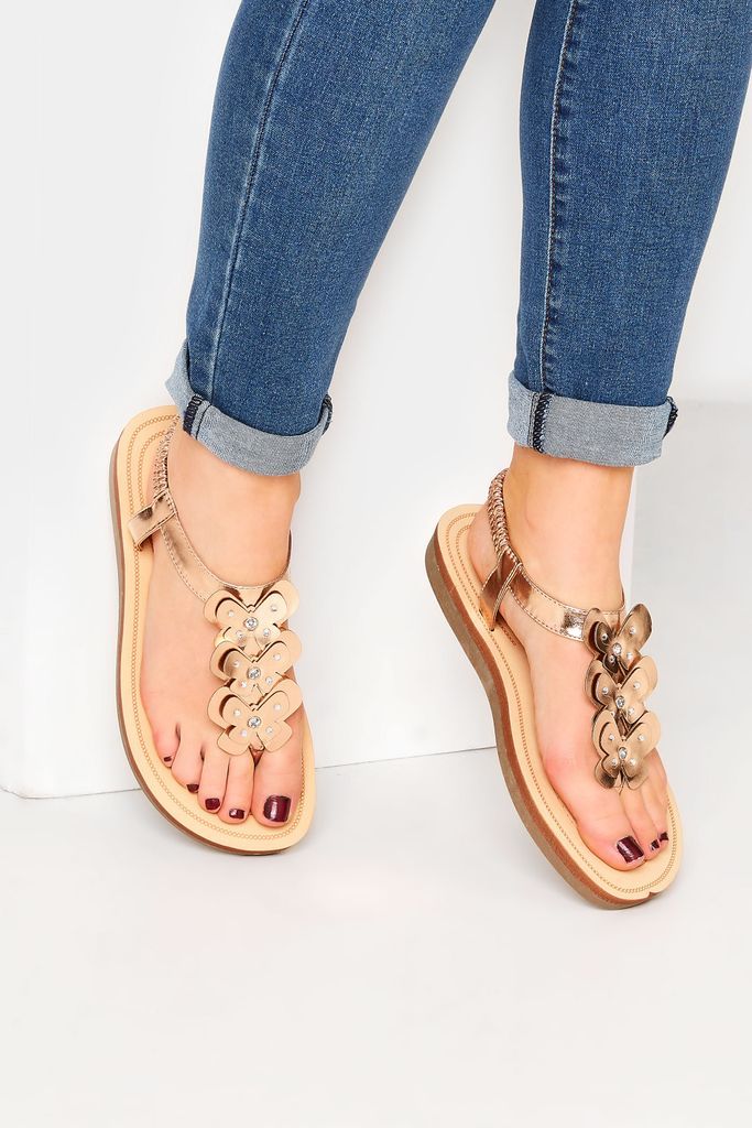 Rose Gold Diamante Butterfly Sandals In Extra Wide eee Fit