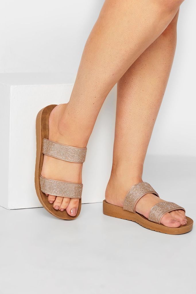 Rose Gold & Brown Glitter Strap Mule Sandals In Extra Wide eee Fit