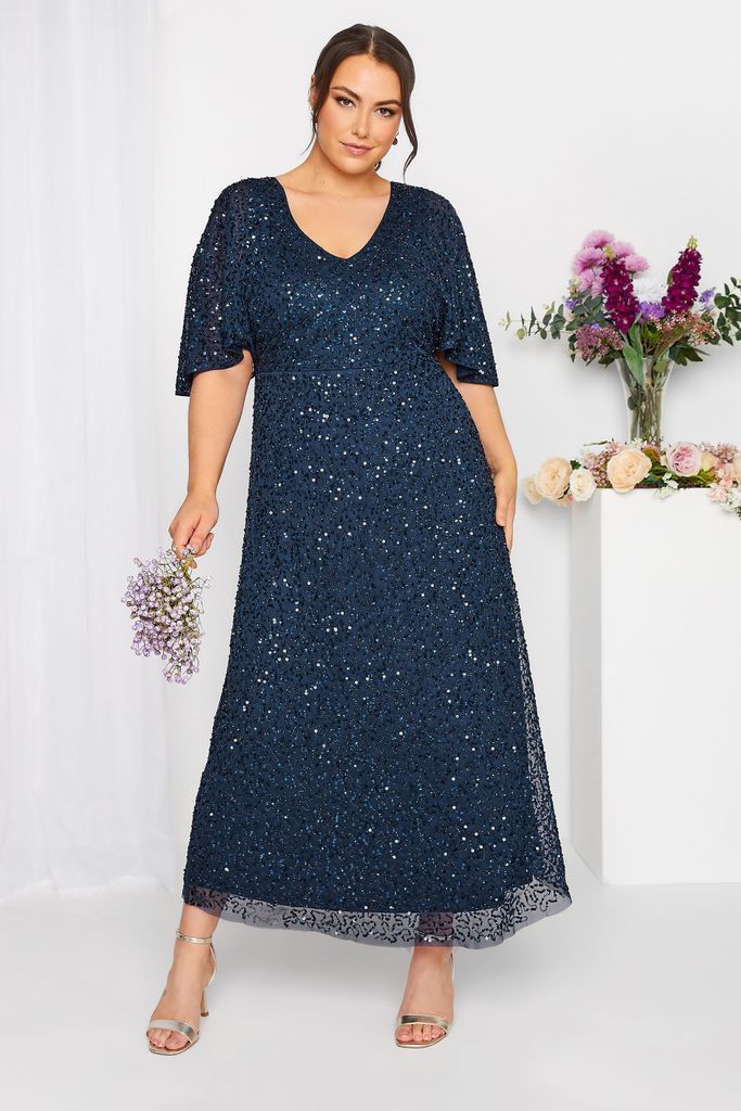 Luxe Curve Navy Blue Hand Embellished Vneck Maxi Dress, Women's Curve & Plus Size, Luxe: Ultimate Embellishment