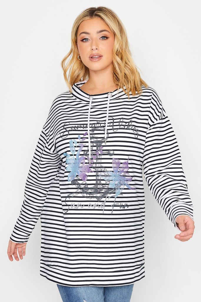 Curve White & Black Stripe Anchor Print Sweatshirt, Women's Curve & Plus Size, Yours