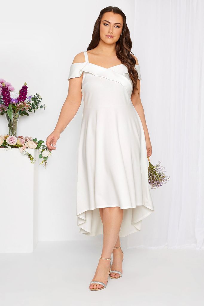 Curve White Bardot High Low Bridal Midi Dress, Women's Curve & Plus Size, Yours London