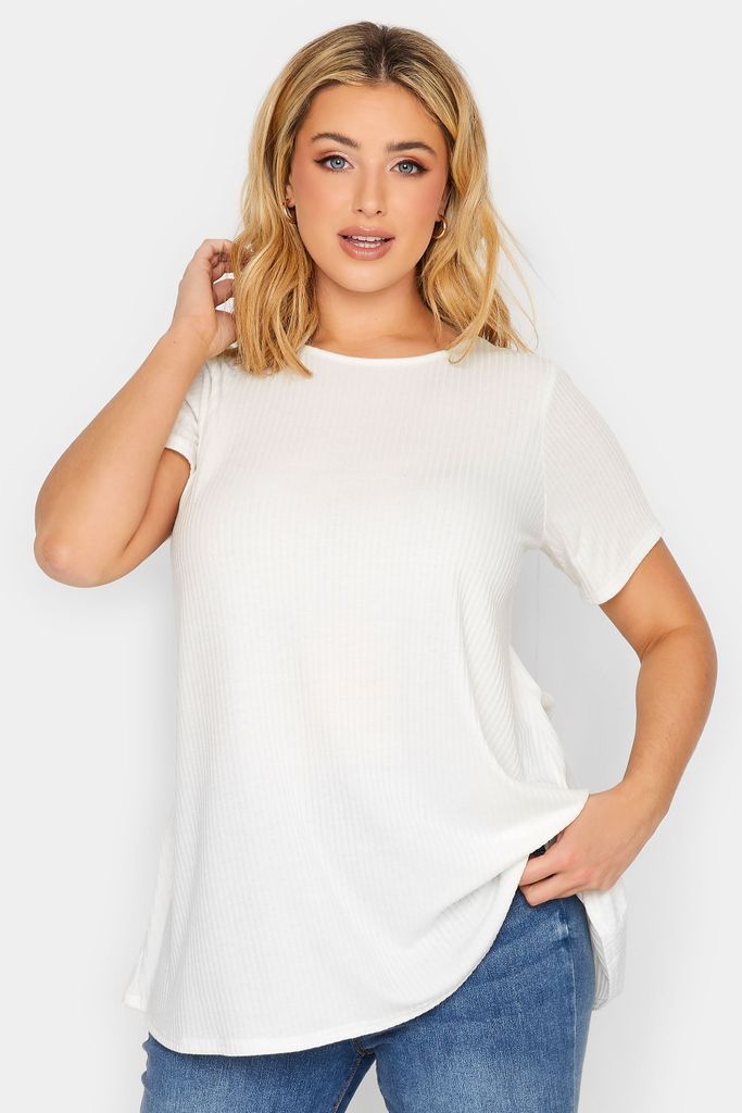 Curve White Ribbed Swing Tshirt, Women's Curve & Plus Size, Yours