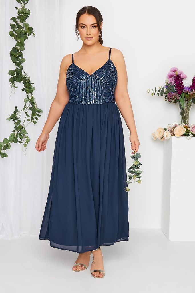 Luxe Curve Navy Blue Sequin Embellished Sleeveless Maxi Dress, Women's Curve & Plus Size, Luxe: Ultimate Embellishment