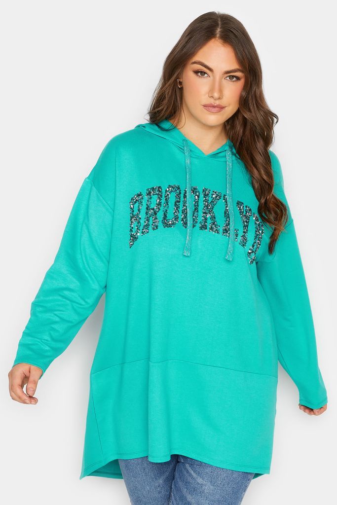 Curve Turquoise Green 'Brooklyn' Slogan Longline Hoodie, Women's Curve & Plus Size, Yours