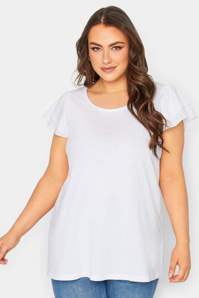 Curve White Frill Sleeve Tshirt, Women's Curve & Plus Size, Yours