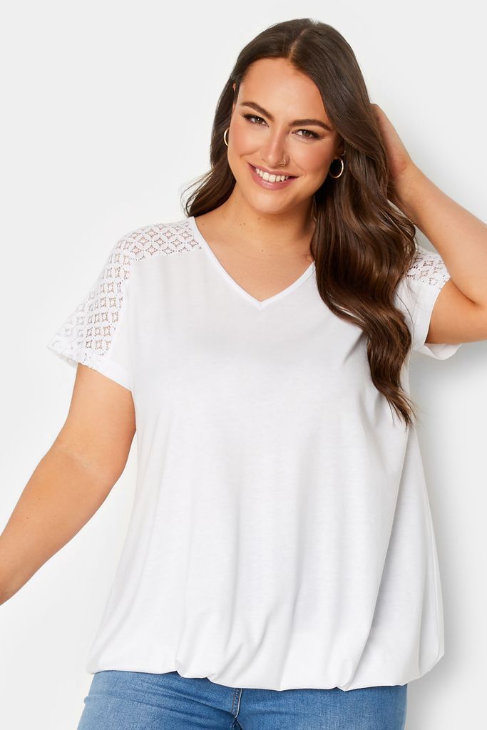 Curve White Lace Sleeve Bubble Hem Tshirt, Women's Curve & Plus Size, Yours
