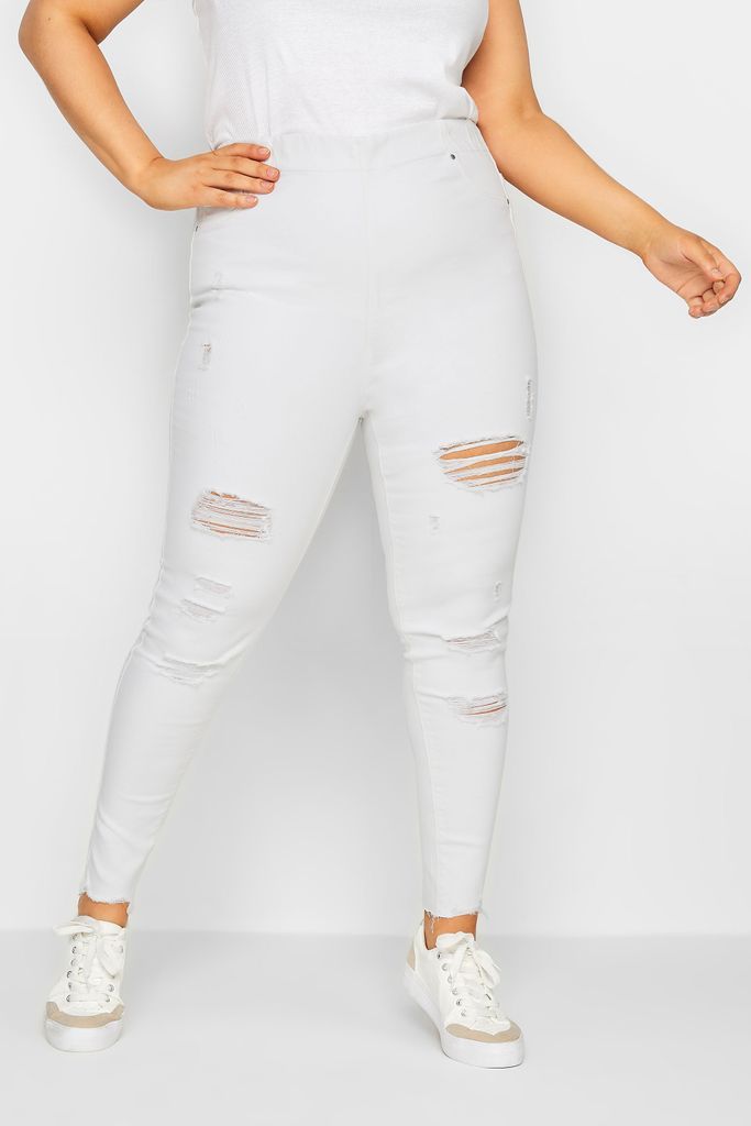Curve White Stretch Extreme Ripped Jenny Jeggings, Women's Curve & Plus Size, Yours
