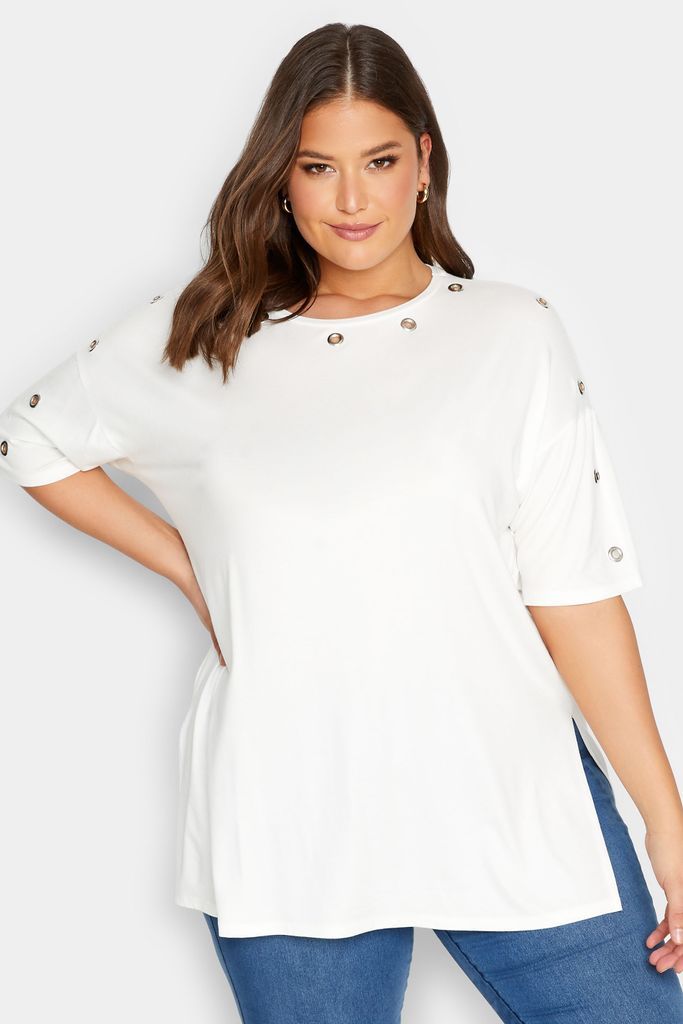 Curve White Eyelet Detail Oversized Tshirt, Women's Curve & Plus Size, Yours