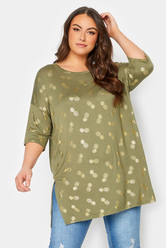Curve Khaki Green Pineapple Foil Print Tshirt, Women's Curve & Plus Size, Yours