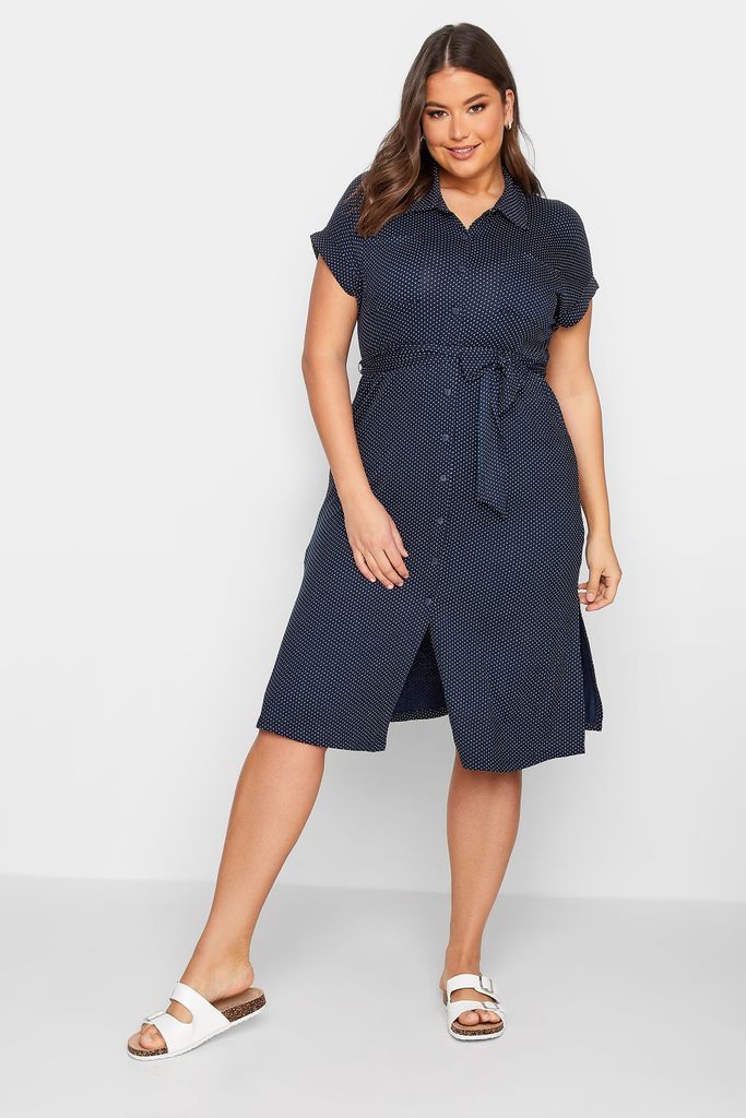 Curve Navy Blue Polka Dot Split Hem Shirt Dress, Women's Curve & Plus Size, Yours