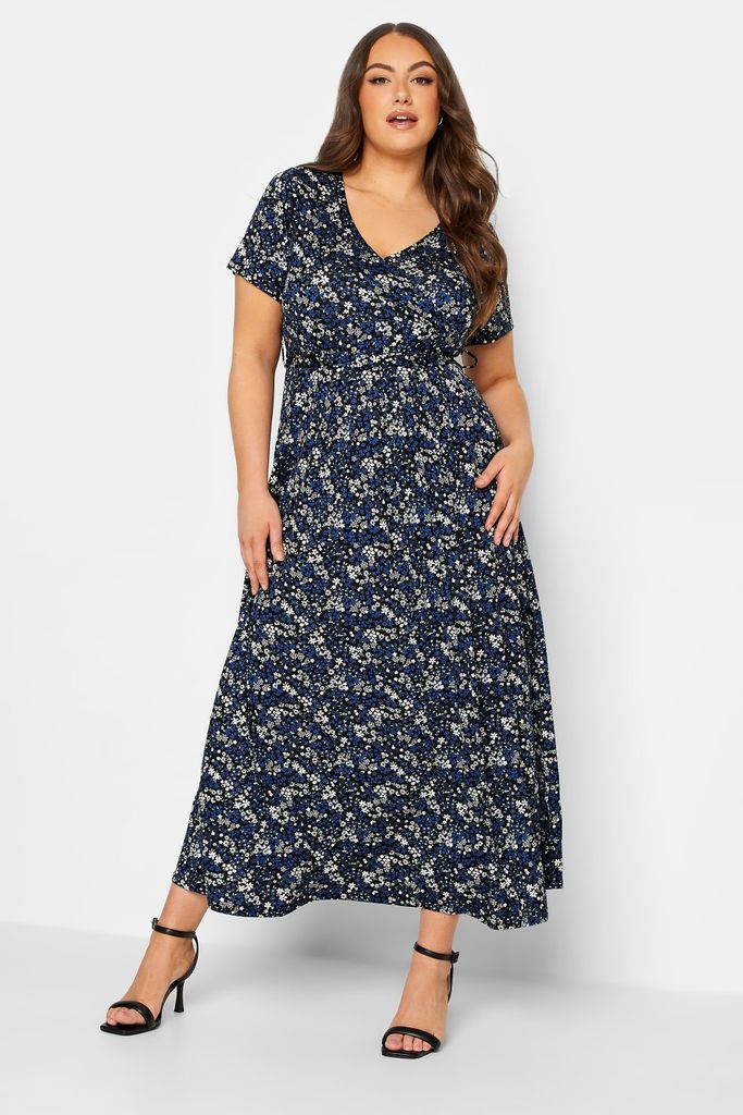 Curve Navy Blue Ditsy Print Wrap Front Tie Maxi Dress, Women's Curve & Plus Size, Yours