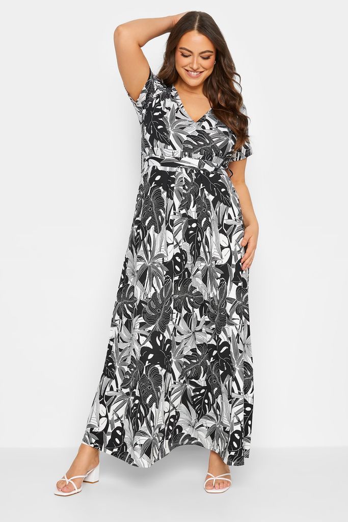 Curve Black & White Floral Leaf Print Front Tie Maxi Dress, Women's Curve & Plus Size, Yours