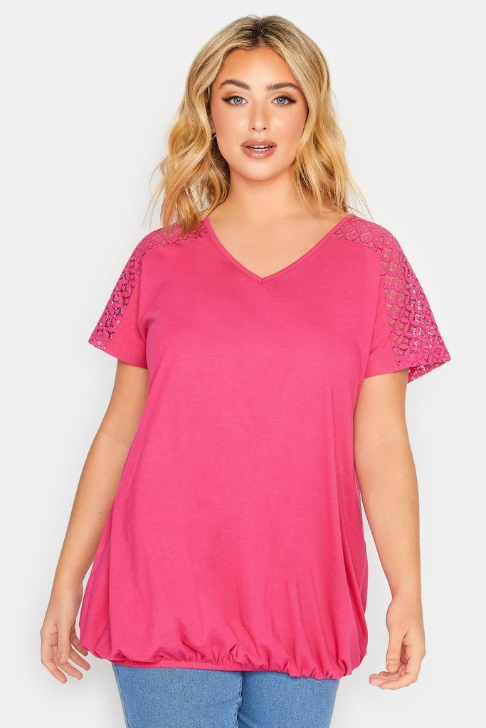 Curve Pink Lace Sleeve Bubble Hem Tshirt, Women's Curve & Plus Size, Yours