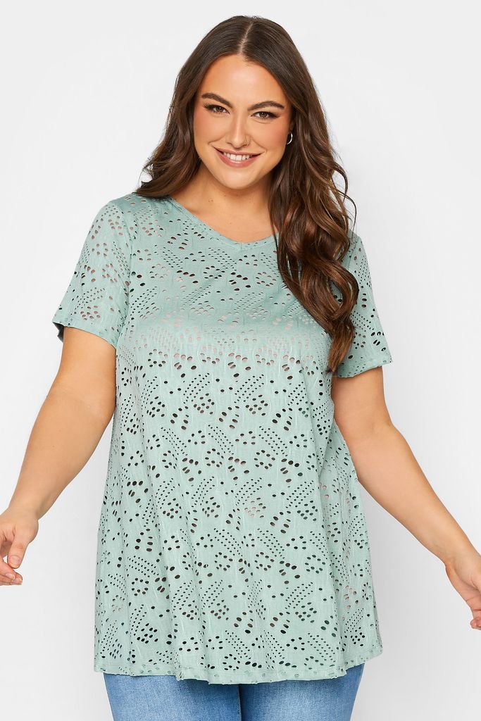 Curve Mint Green Broderie Anglaise Swing Tshirt, Women's Curve & Plus Size, Yours