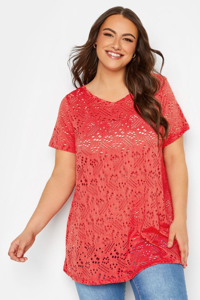 Curve Red Broderie Anglaise Swing Vneck Tshirt, Women's Curve & Plus Size, Yours