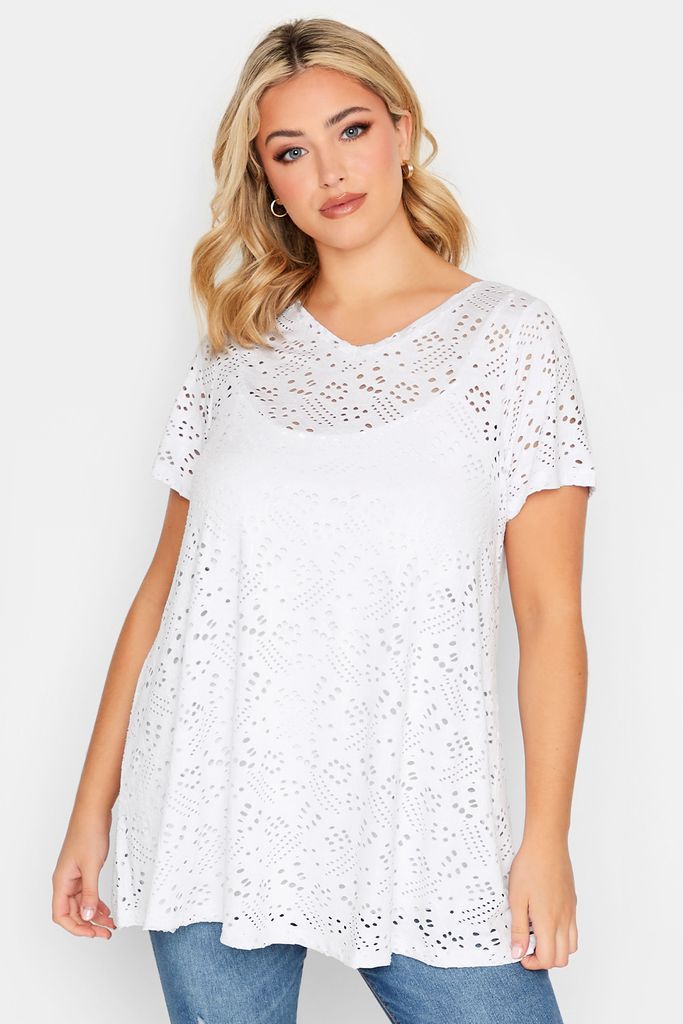 Curve White Broderie Anglaise Swing Vneck Tshirt, Women's Curve & Plus Size, Yours