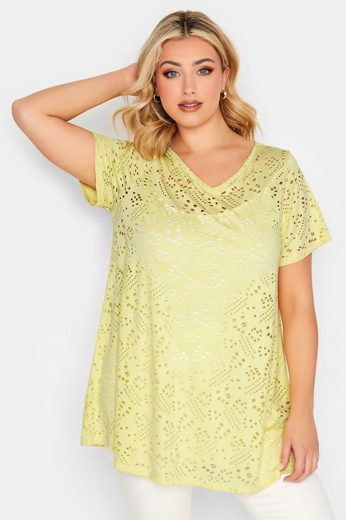 Curve Yellow Broderie Anglaise Swing Vneck Tshirt, Women's Curve & Plus Size, Yours