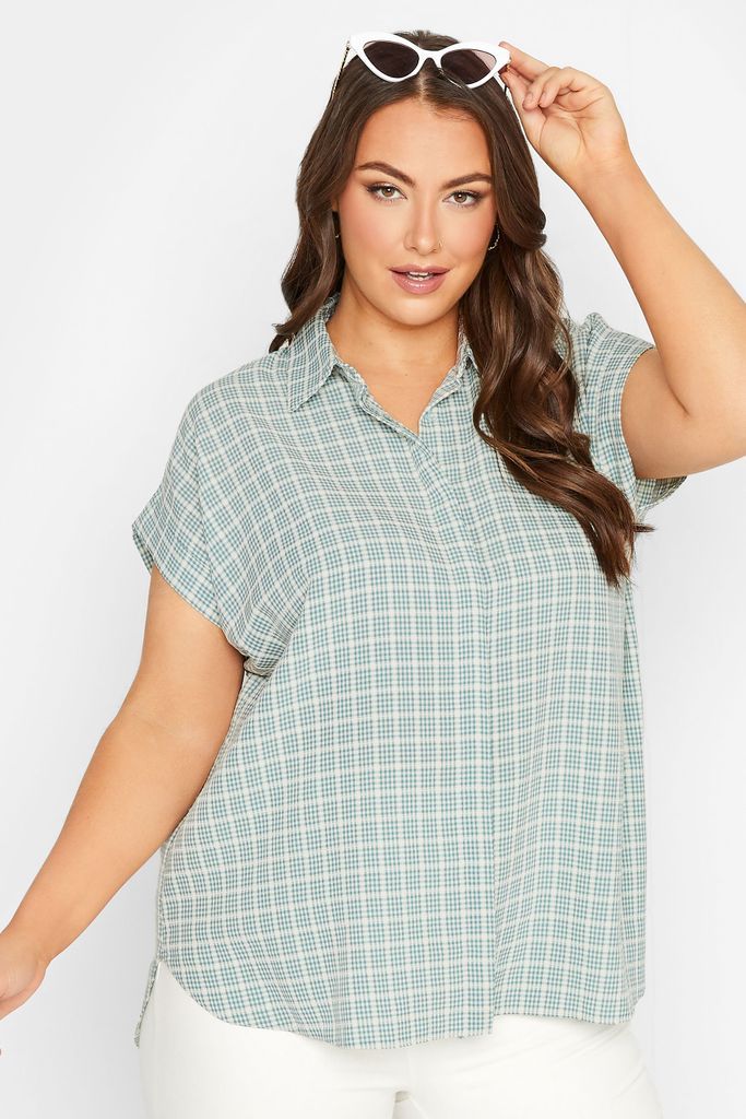 Curve Green Check Print Collared Shirt, Women's Curve & Plus Size, Yours