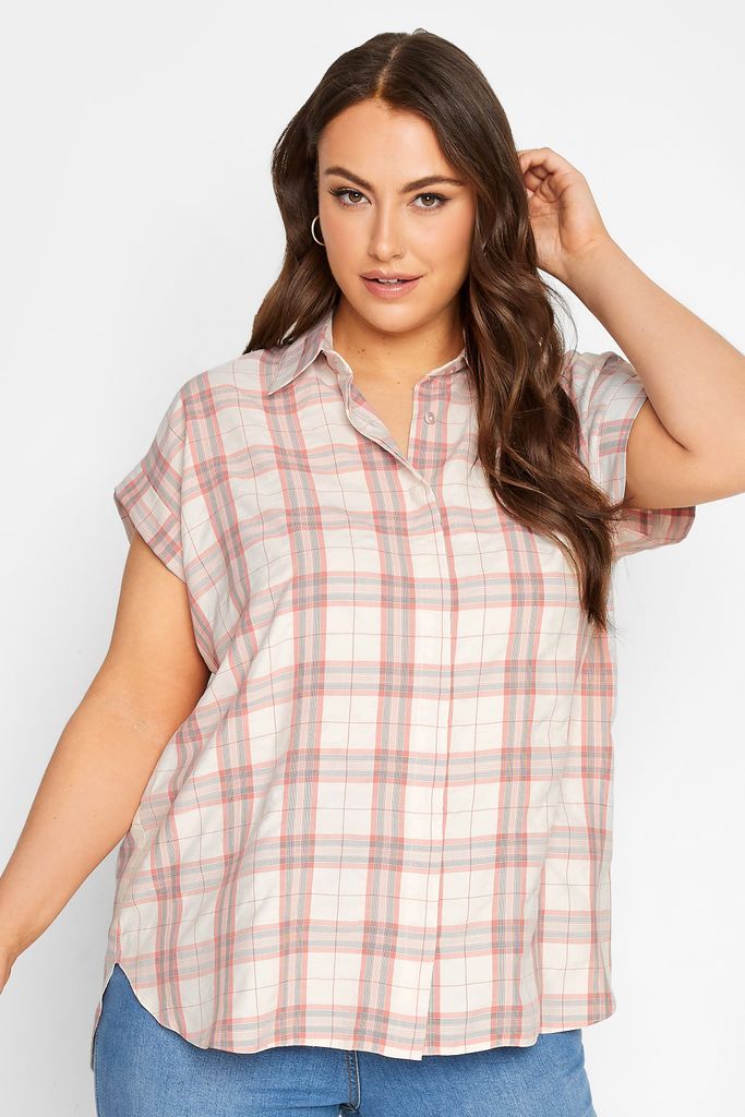 Curve Pink Check Print Collared Shirt, Women's Curve & Plus Size, Yours