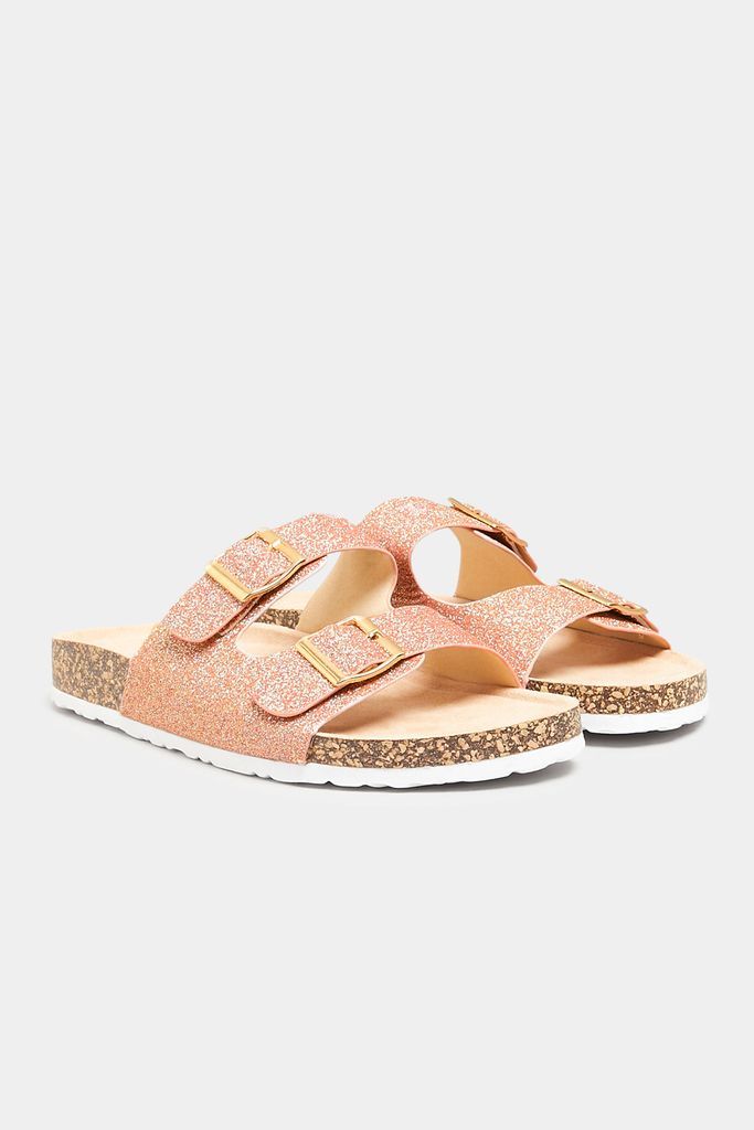 Pink Glitter Buckle Strap Footbed Sandals In Extra Wide eee Fit
