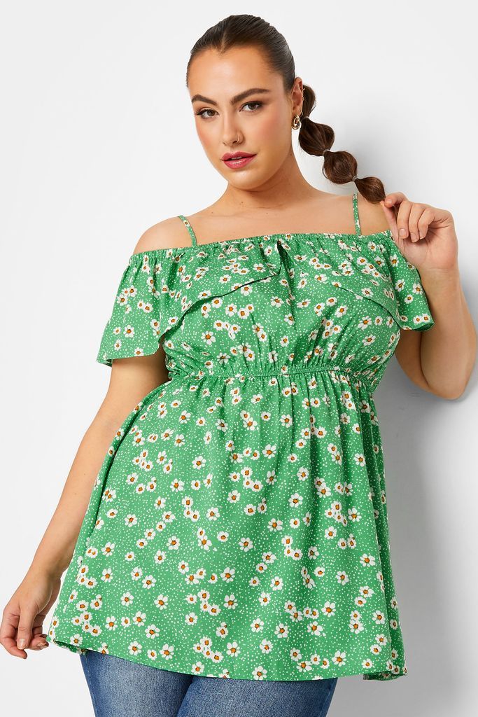 Curve Green Floral Frill Cold Shoulder Top, Women's Curve & Plus Size, Limited Collection