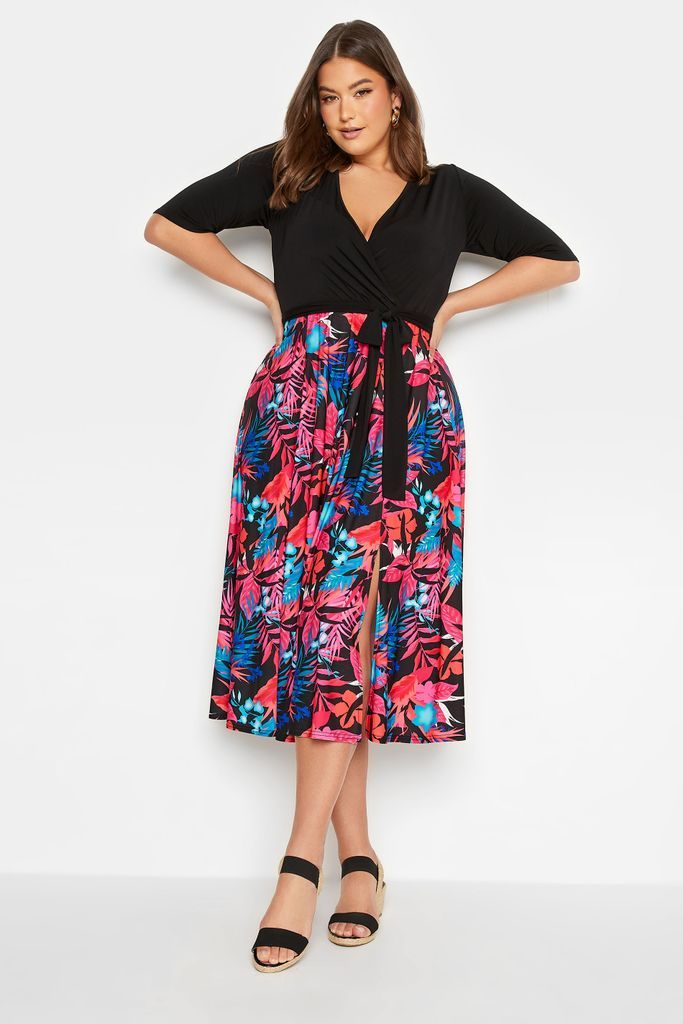Curve Black Tropical Print Wrap Dress, Women's Curve & Plus Size, Yours London