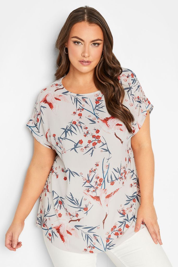 Curve White Floral Print Tab Sleeve Blouse, Women's Curve & Plus Size, Yours