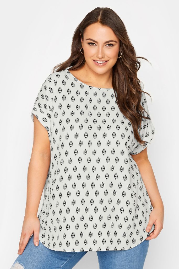 Curve White Printed Tab Sleeve Blouse, Women's Curve & Plus Size, Yours