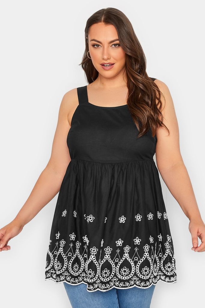 Curve Black & White Broderie Anglaise Vest Top, Women's Curve & Plus Size, Yours